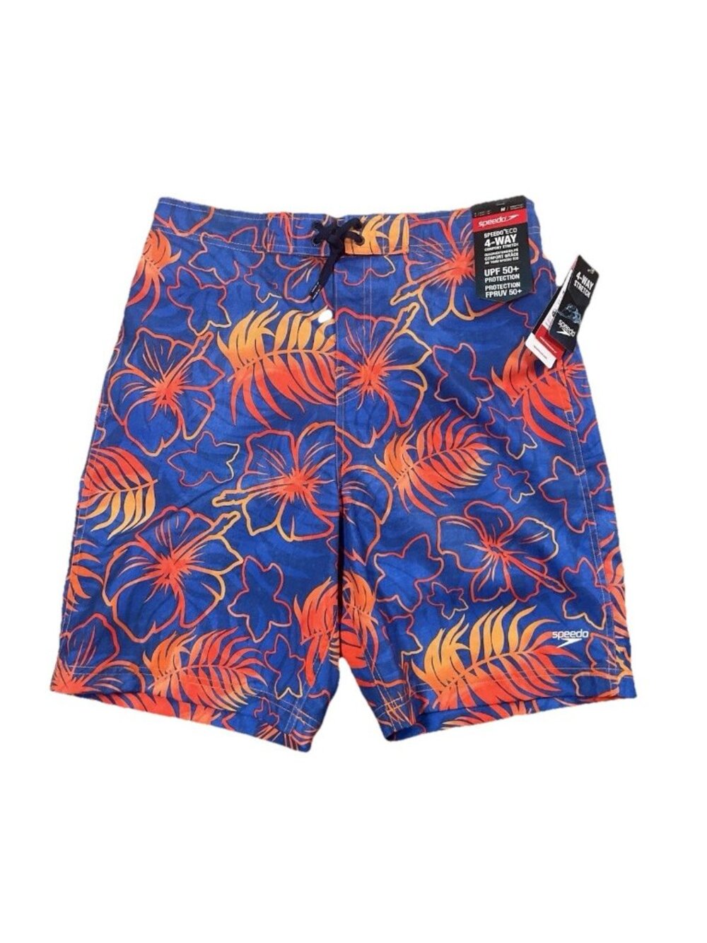 NEW Speedo four-way stretch swim trunks Blue Medium SPF 50 Hawaiian Print